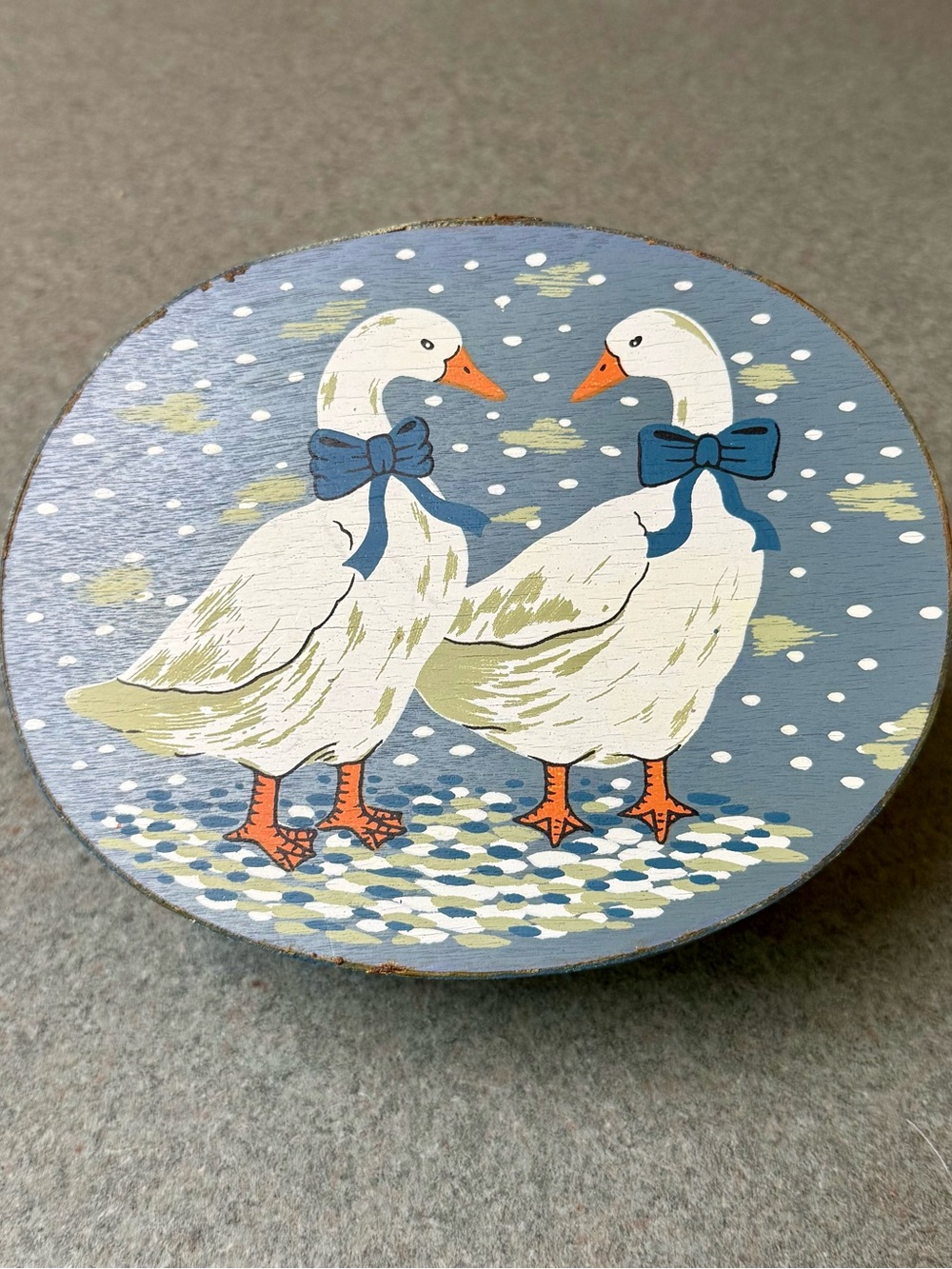 Blue Ribbon Geese Handpainted on a Wooden Box from 1987